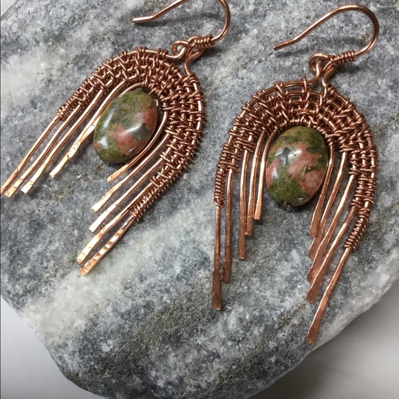 Unakite on copper - art-deco style earrings - Picture 6 of 7
